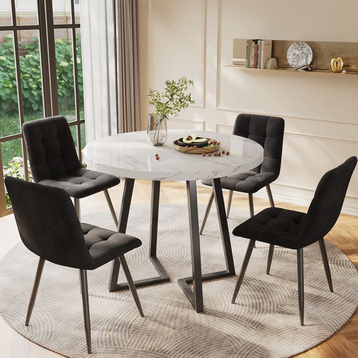 Ensemble de table à manger - Ronde 80 cm - 4 chaises en velours noir - Design moderne - Confort exceptionnel