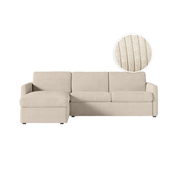 Canapé dangle convertible express 4 places AGATHE couchage quotidien 140x190cm en velours côtelé beige - Matelas 13cm