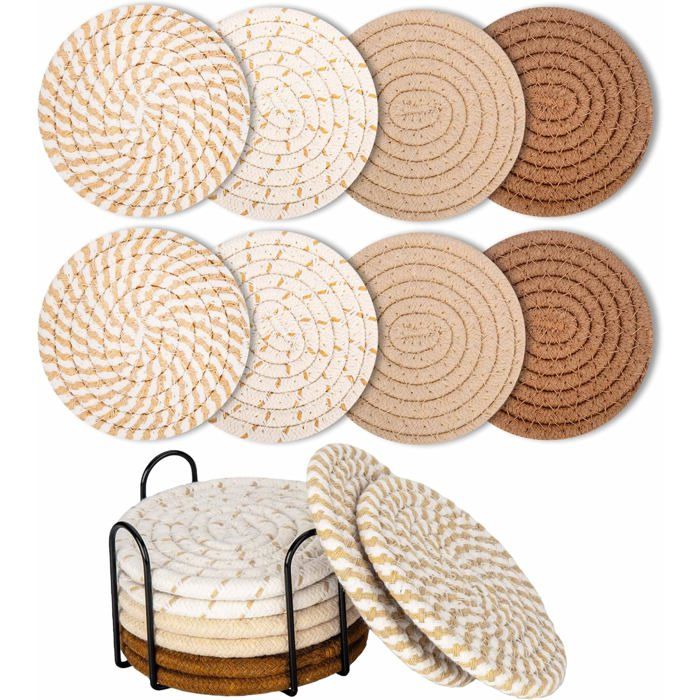 Lot de 8 Dessous de Verre Ronds avec Support - Antidérapants en Coton Tressé pour Verres (Jaune)