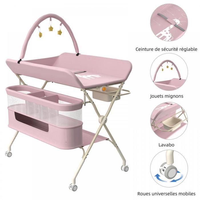 Table à langer protionnelle pliable pour bébé-MENGDA-Avec panier de rangement étagère à plusieurs niveaux et roulettes-Rose