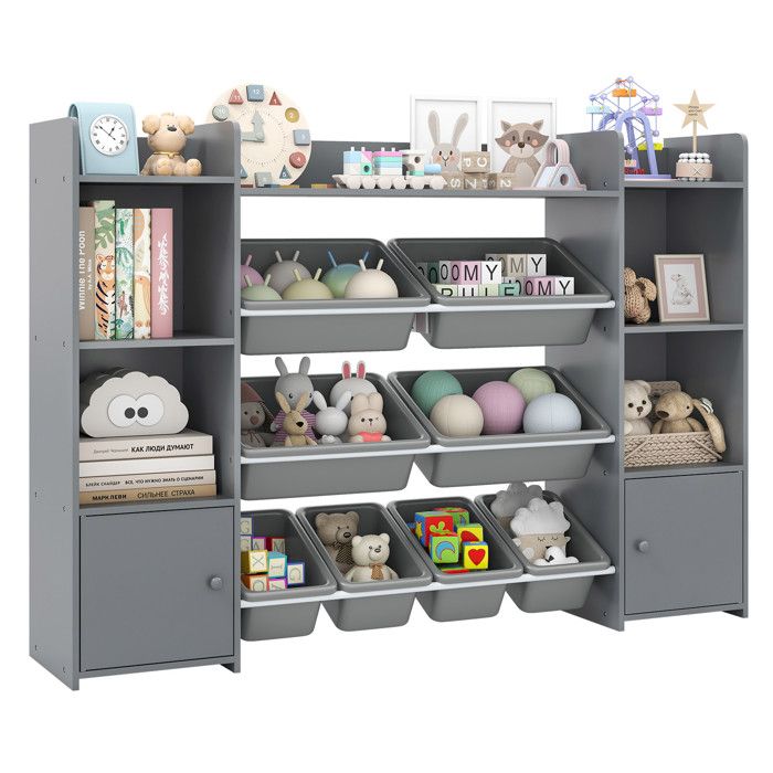 COSTWAY Étagère de Rangement pour Jouets 4 Niveaux pour Enfants avec 8 Bacs Amovibles et Bibliothèque 142 x 30 x 100 cm Gris