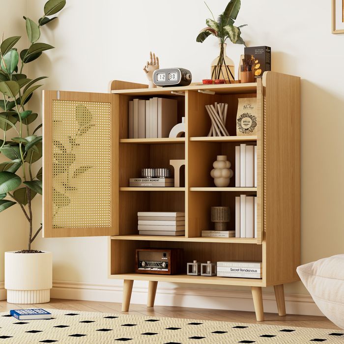 Armoire à chaussures en rotin naturel armoire à chaussures étagères à chaussures ont deux portes et cinq étagères pour le couloir.