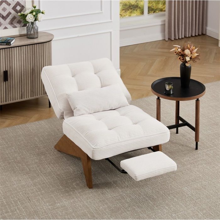 Fauteuil lounge moderne sans dossier tissu repose-pieds coussin lombaire pieds bois salon chambre bureau 127×73×90 Cm