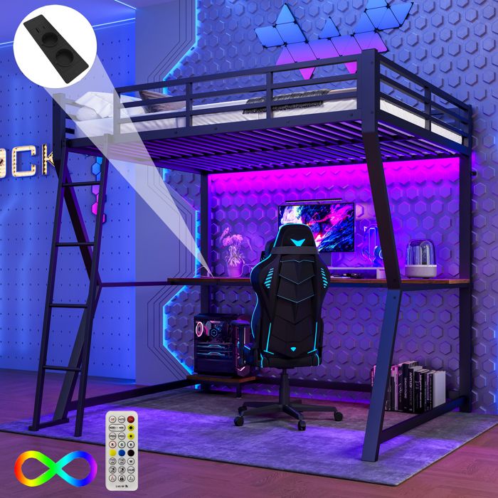 Lit mezzanine en fer 140 x 200 avec éclairage led prise + USB lits superposés avec bureau et étagère pour console dordinateur