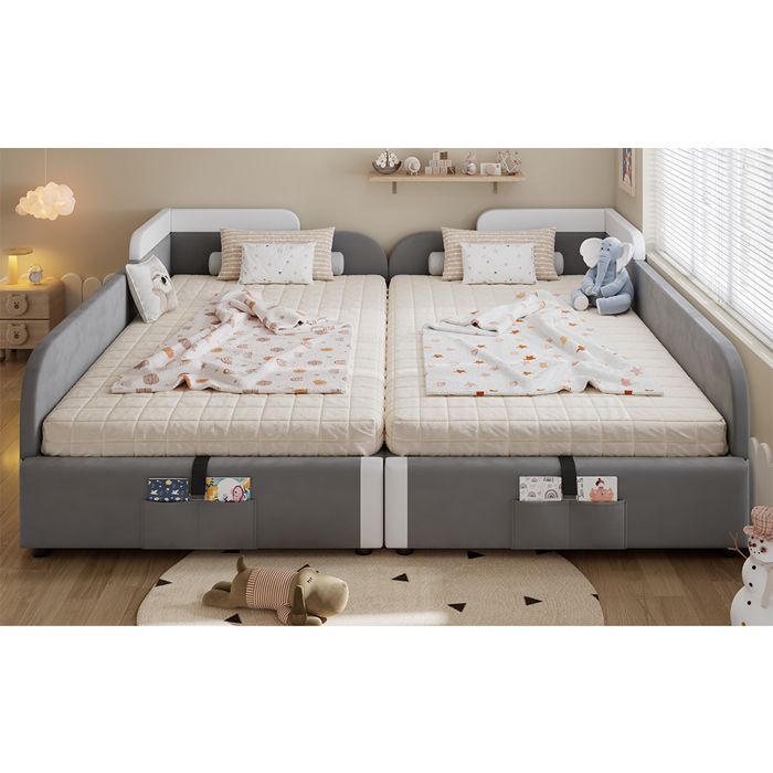 Lit coffre enfant 90x200 cm en velours gris et blanc barrières rembourrées et rangement hydraulique
