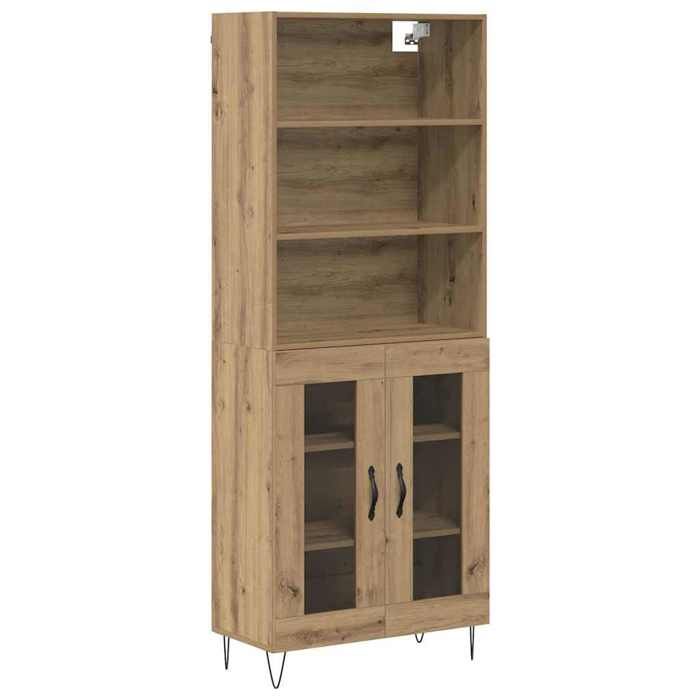 Buffet haut en bois dingénierie - GKO - Chêne artisanal - 69 5 x 34 x 180 cm - Porte en verre - 120 kg max