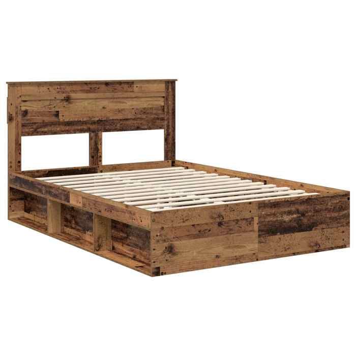 Structure de lit avec matelas - UU - Bois ancien - Pin massif - 150x200 cm - Cadre à lattes - Grand espace de stockage