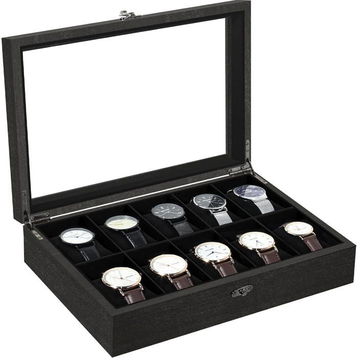 Uten Boîte à Montres 10 Compartiments Coffret à montres en Bois Couvercle en Verre Coussinets Coton de Soie Doublure Noir