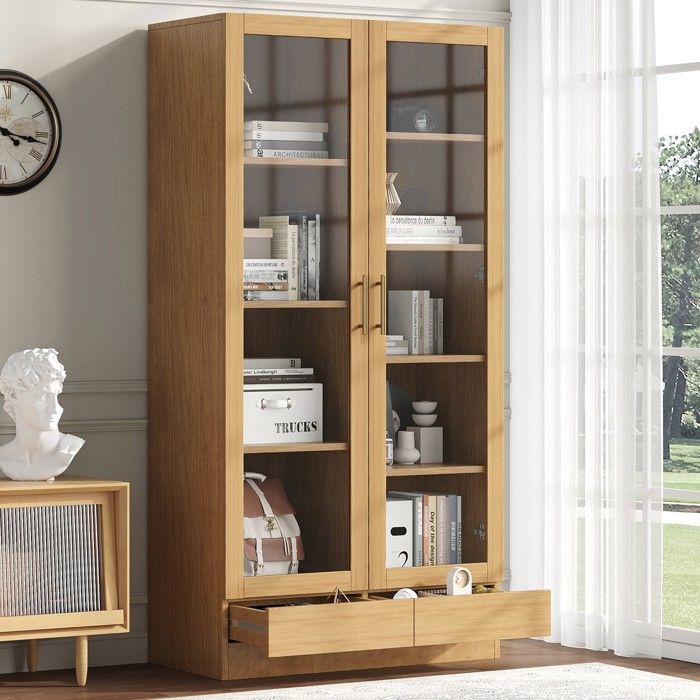 Vitrine en verre avec deux tiroirs à ouverture par pression pouvant servir de meuble de rangement/armoire de bureau finition bois