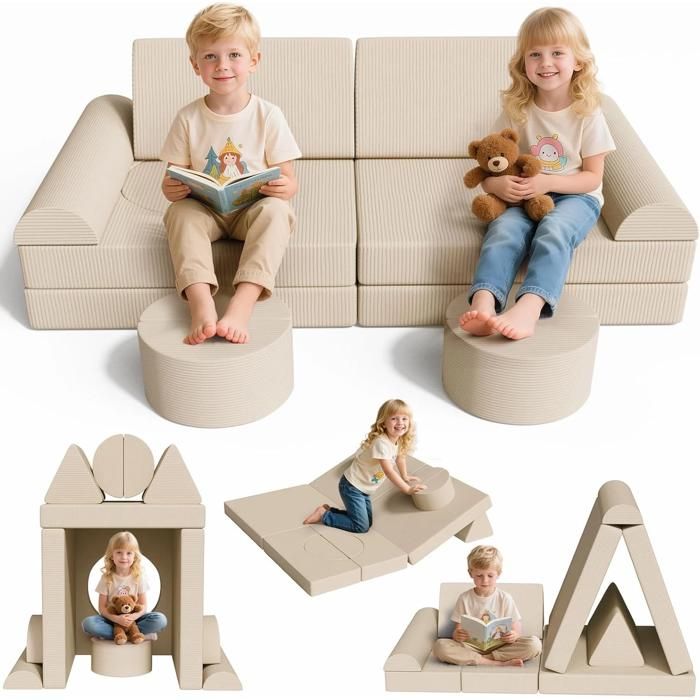 Canapé de luxe 14 pièces pour enfants – Canapé de sol modulaire pour adultes maison de jeu pour tout-petits et bébés Beige Canapé de luxe 14 pièces pour enfants – Canapé de sol modulaire pour adultes maison de jeu pour tout-petits et bébés Beige