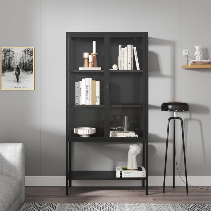 Armoire vitrée Borshavisa acier verre trempé 160 x 80 x 35 cm noir