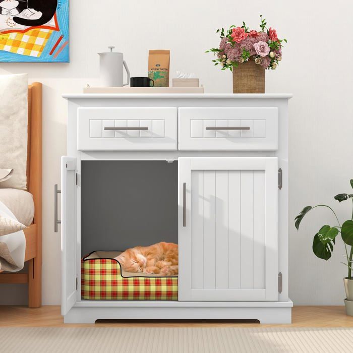 GIANTEX Meuble 3 en 1 pour Litière de Chat Maison Cachée en Bois avec Doubles et Entrée Latérale pour Salon Blanc