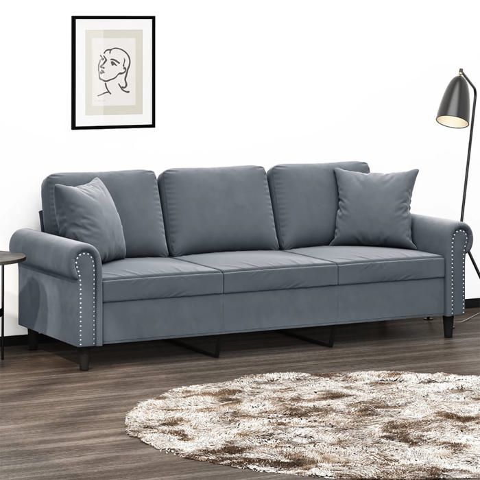 NEW 2026 Canapé moderne - Design ergonomique - pour salon - 3 places avec oreillers gris foncé 180 cm velours L2040