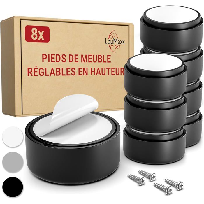 Pied de Meuble Réglable Noir 8pc Pieds pour Meuble Ø 535 mm de Meuble Plastique à Coller ou Visser Pieds Réglables INCL. Montage