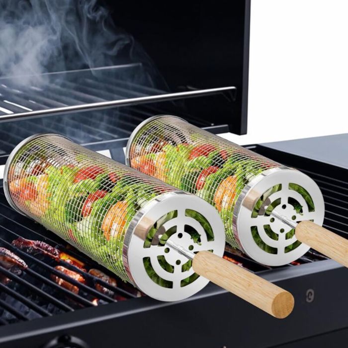 Panier de barbecue cylindrique - PZCC - PZCC - Acier inoxydable 304 - Poignée bois amovible - Ensemble accessoires