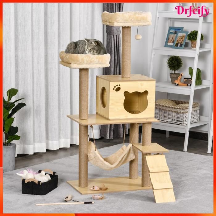 Arbre à chat - AKOZON - 6623 - sisal naturel - niche et hamac - plate-formes & boule suspendue