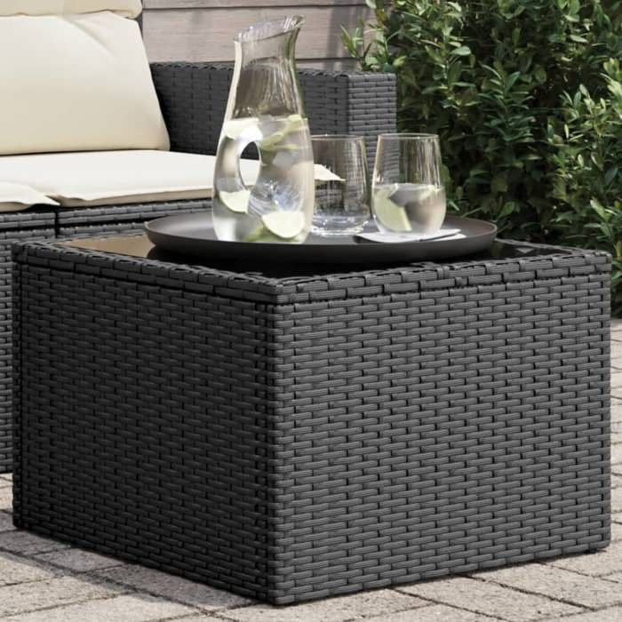 Soldes printemps Table terrasse - Noir - Table de jardin - 1 PC - avec plateau en verre - noir 55x55x37 cm en résine tressée T310