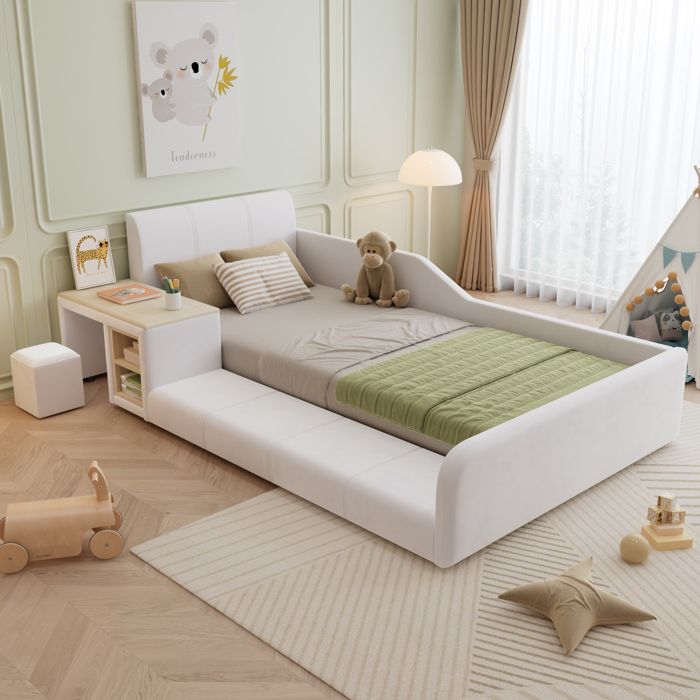 Lit capitonné- lit enfant 90x200cm- avec bureau enfant tabouret étagère tête de lit rembourré et sommier à lattes- velours- blanc