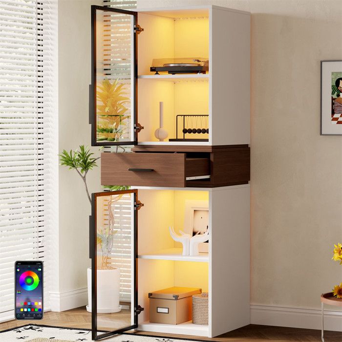 Meuble Vitrine Collection Blanc Bois 200 cm avec LED Portes Verre 4 Étagères et Tiroir Colonne de Rangement pour Salon Chambre