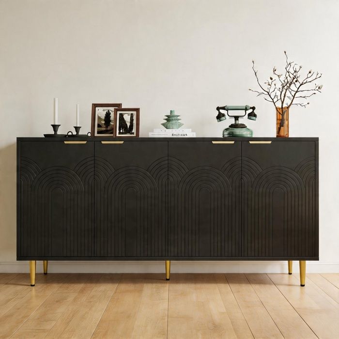 Buffet bas - 160×40×80 cm - Noir - Poignées & pieds dorés - MDF et panneaux de particules