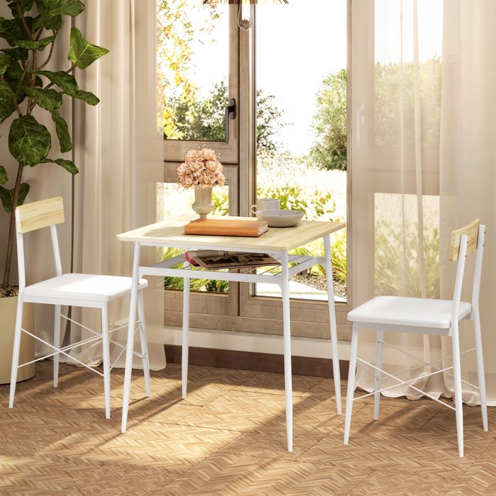MOTHINESSTO3016-Ensemble table et chaises table de cuisine avec chaises structure en acier avec 2 chaises encastrables blanc chê