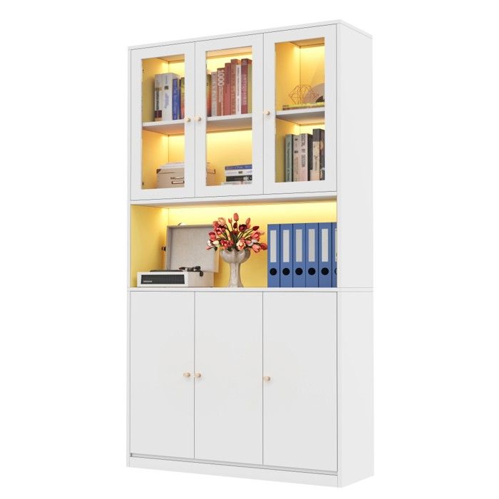 Bibliothèque Blanche 100x35x200cm Portes Vitrées Éclairage LED Étagères Et Compartiments Pour Livres Et Dossiers Bibliothèque Blanche 100x35x200cm Portes Vitrées Éclairage LED Étagères Et Compartiments Pour Livres Et Dossiers