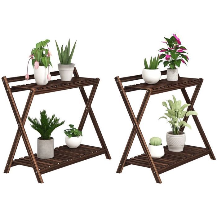 Lot de 2 support plantes intérieur 2 niveaux étagères à plants avec support arrière 73 x 36 x 64 cm marron
