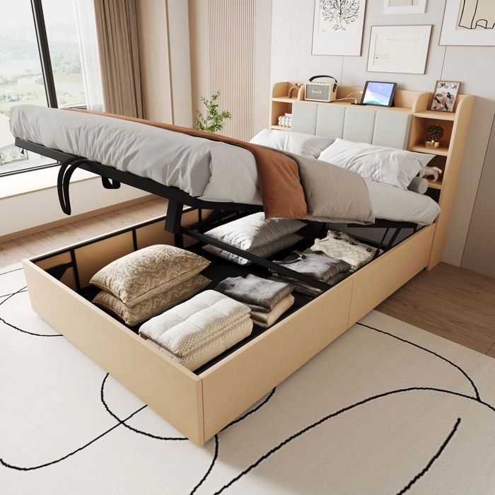 Lit coffre 140x200 cm avec tête de lit étagères de rangement USB Type C en bois naturel sans matelas