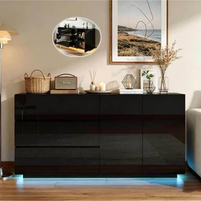 Buffet bas avec éclairage LED Buffet Cuisine Meuble de Rangement Buffet Moderne Buffet Bahut 2 portes et 3 tiroirs