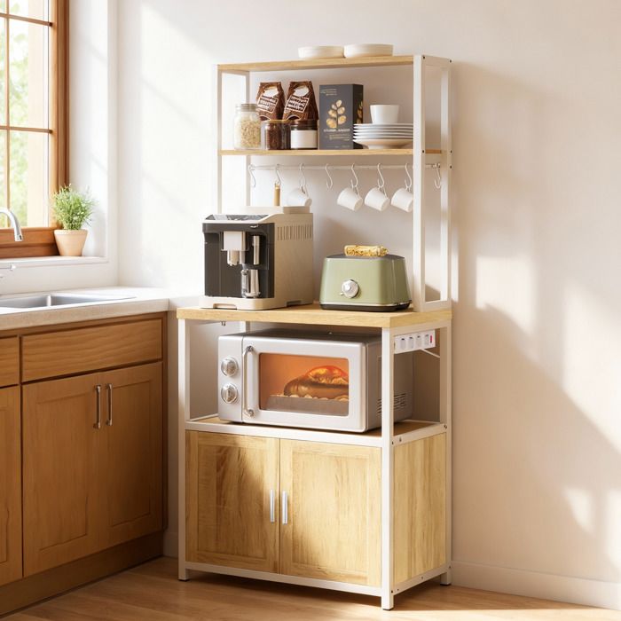 Desserte de cuisine à Café avec Station de Charge Étagère de Cuisine avec Placard Or et Blanc