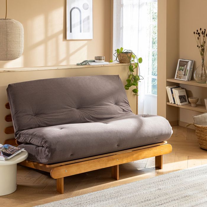 Matelas futon 140x190 cm en coton ferme tissu velours côtelé - Terre de Nuit - Marron Chocolat