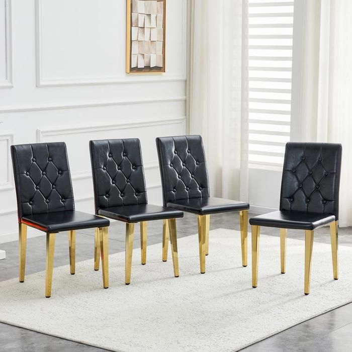 Chaise de salle à manger - KOMHTOM - Moderne - PU noir capitonné losanges - Pieds métal doré - Lot de 4 Chaise de salle à manger - KOMHTOM - Moderne - PU noir capitonné losanges - Pieds métal doré - Lot de 4