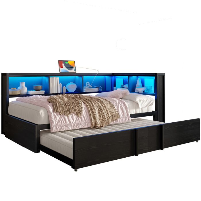 Lit en métal 90x200 cm avec second lit escamotable espaces de rangement lumière LED et USB noir