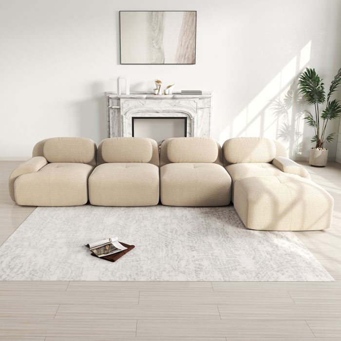 Canapé dangle modulaire - 4 places - Velours côtelé - 388x178x75 cm - Méridienne - Accoudoirs extra-larges