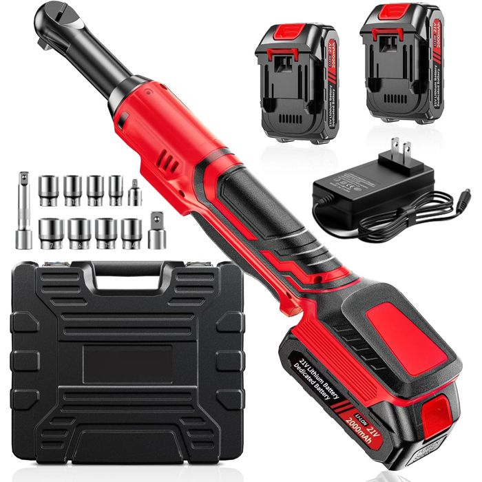 Clé à cliquet sans fil 21 V – Clé électrique 3/8 pouce 400 tr/min double batterie 2 × 2 0 Ah + chargeur lampe LED col long