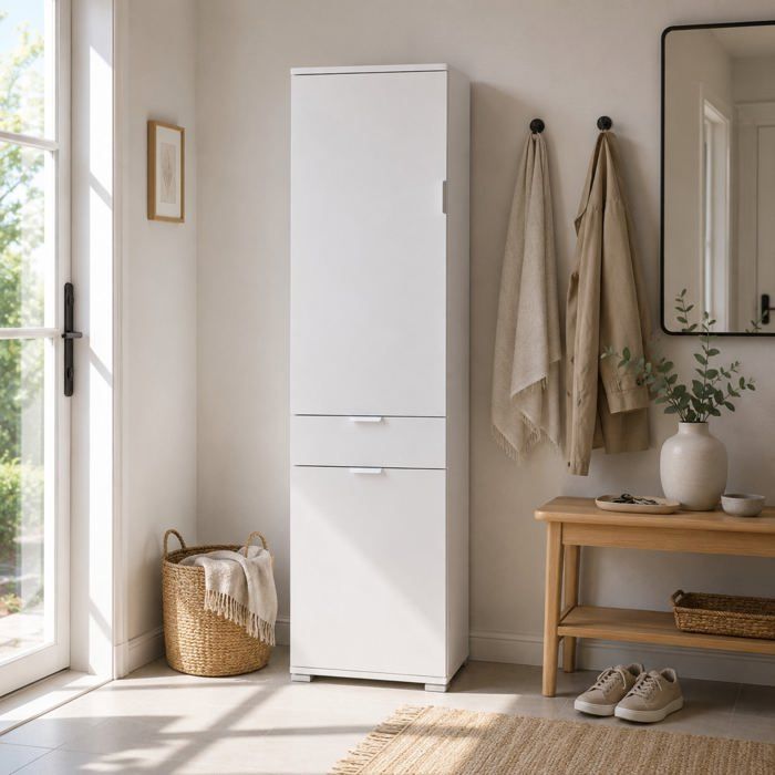 Armoire colonne - THE WHITE STONE - Modèle 45×38×174 cm - 2 portes & 1 tiroir - Blanc mat - Étagères réglables