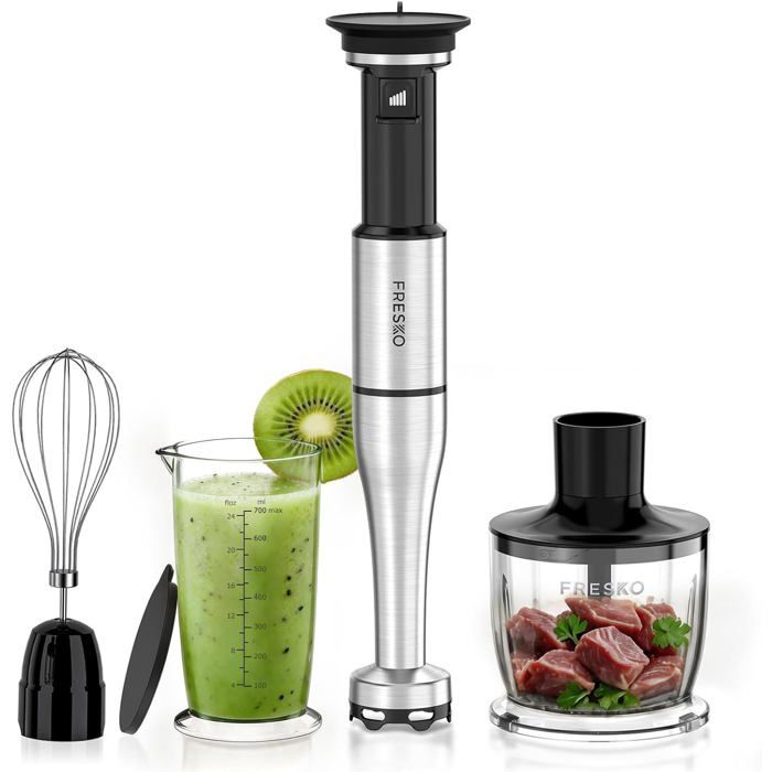 Mixeur plongeant 1000W avec accessoires pied inox fouet hachoir 500 ml verre doseur avec couvercle vitesses réglables smoothies