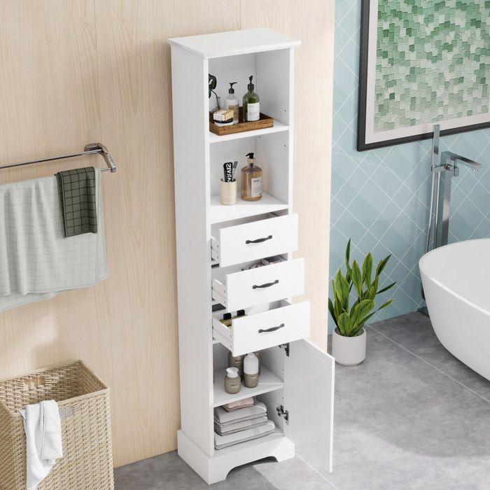 Colonne de salle de bain 38 x 26 x 172 5 cm en MDF laqué blanc avec 3 tiroirs étagères réglables et porte