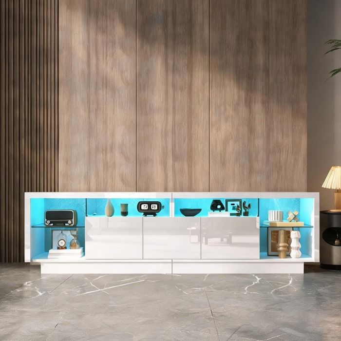 Meuble TV moderne 200 cm en panneau de particules blanc portes brillantes et éclairage LED multicolore pilotable par app