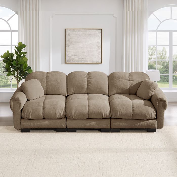 Canapé 3 places - Marron - Tissu chenille doux - Design surpiqûres fines - Coussins dassise épais - Dossier ergonomique