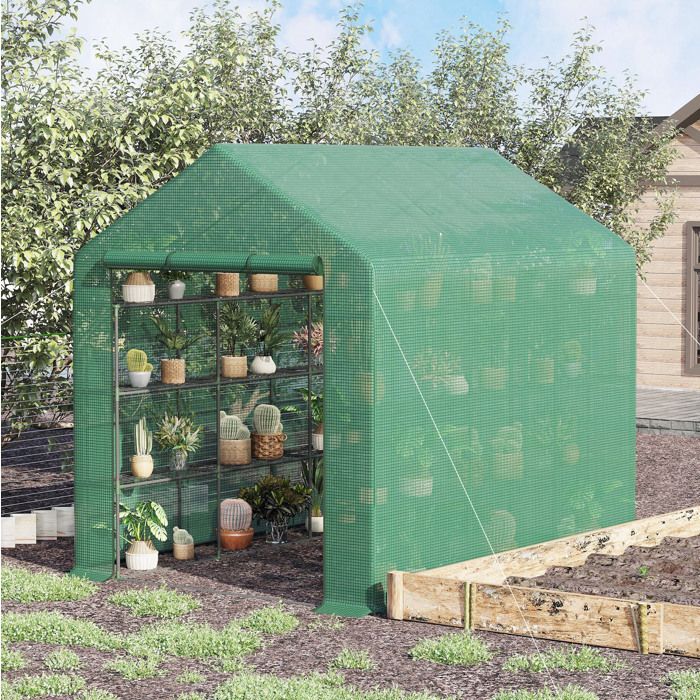 JOINERY Serre De Jardin Marchable Serre Tomates Culture 8 Niveaux Etagères Porte Enroulable Zippée Acier PE Vert 180 244 210 Cm