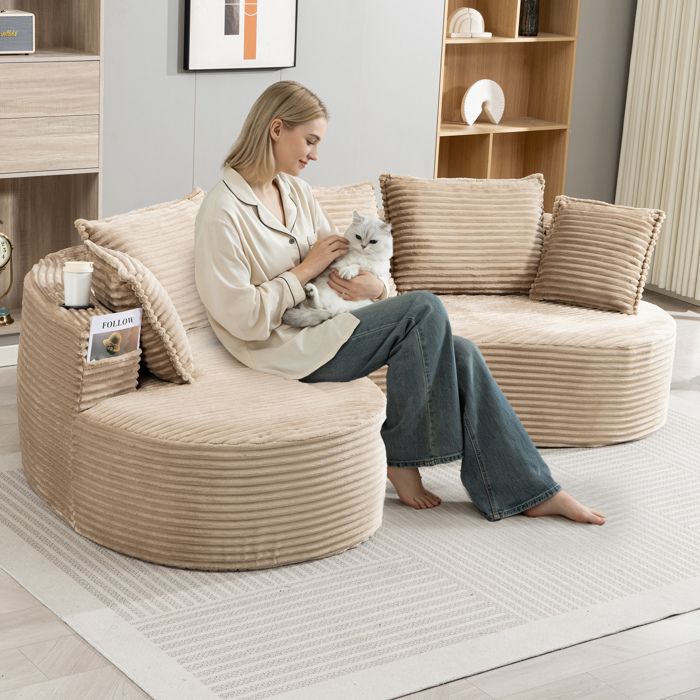 Canapé 3 Places Arrondi avec Porte-Gobelets et Rangement - TCQPZ - en Tissu Côtelé Kaki 250 × 152 × 82 cm