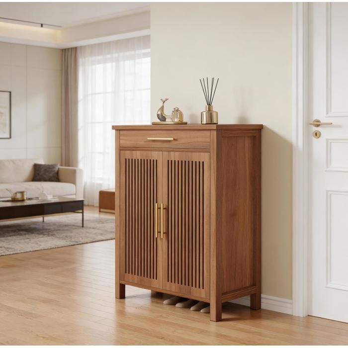 WOVREO meuble à chaussures 80 x 36 x 110 cm 5 niveaux 2 portes persiennes 1 tiroir MDF marron