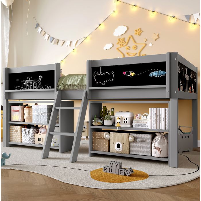 Lit mi-hauteur enfant 90 × 200 cm rangement garde-corps et échelle - YEAVIO - sans matelas pin et MDF gris