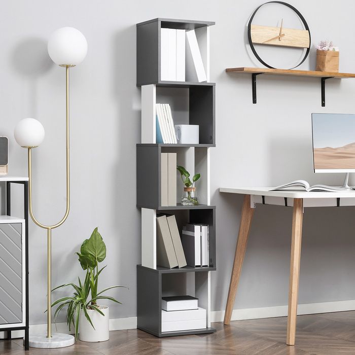Bibliothèque moderne gain de place 5 étagères en bois 33 x 28 x 161 cm gris et blanc