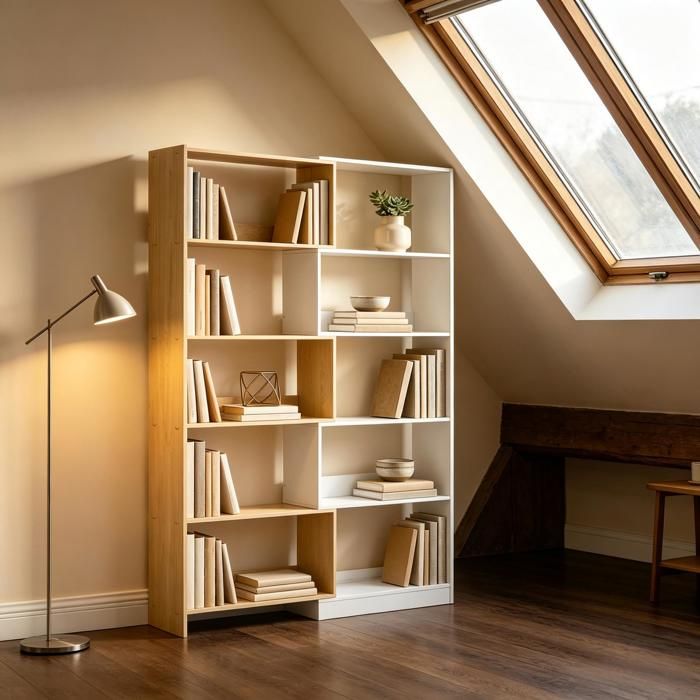Bibliothèque dangle extensible - 5 niveaux - Forme en L - Naturel et blanc - Panneau de particules