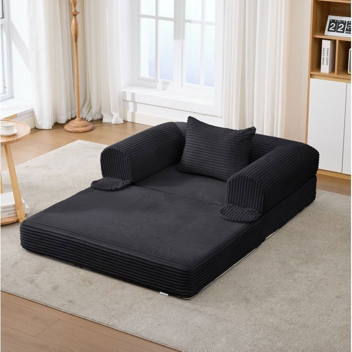 Chauffeuse convertible 1 place SENVIRO - 2 en 1 fauteuil lit 120 x 170 x 40 cm velours côtelé noir avec coussin