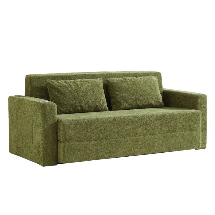 Canapé-lit 2 places convertible 2 en 1 vert avec ports USB porte-gobelets poches latérales et 2 coussins
