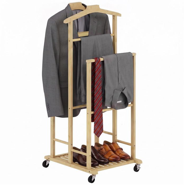 Valet de chambre - HOMCOM - sur roulettes - cintres barres de suspension plateau et étagère - bambou - 41 x 50 x 105 cm - chêne