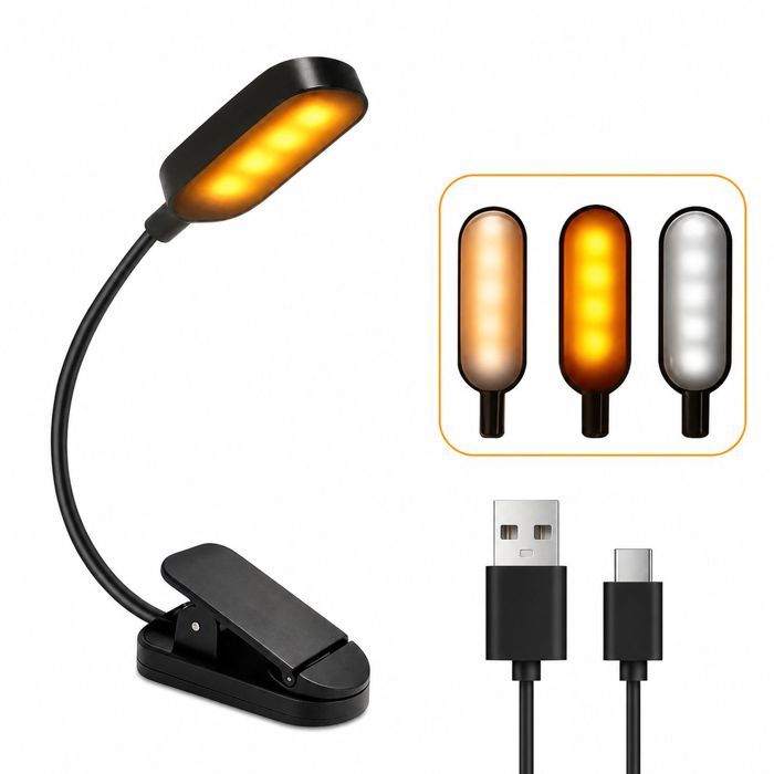 Lampe de lecture LED à pince - Rechargeable USB Type-C - Lumière douce anti-scintillement réglable - pour étude bureau lit - Jaune